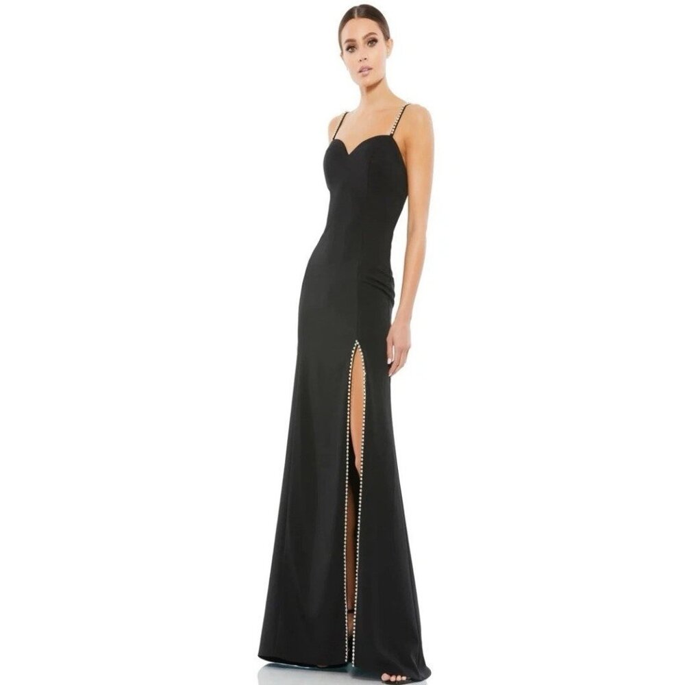 Ieena Mac Duggal Gown Dress Womens Size 6 Black High Slit Rhinestones‎ 70220